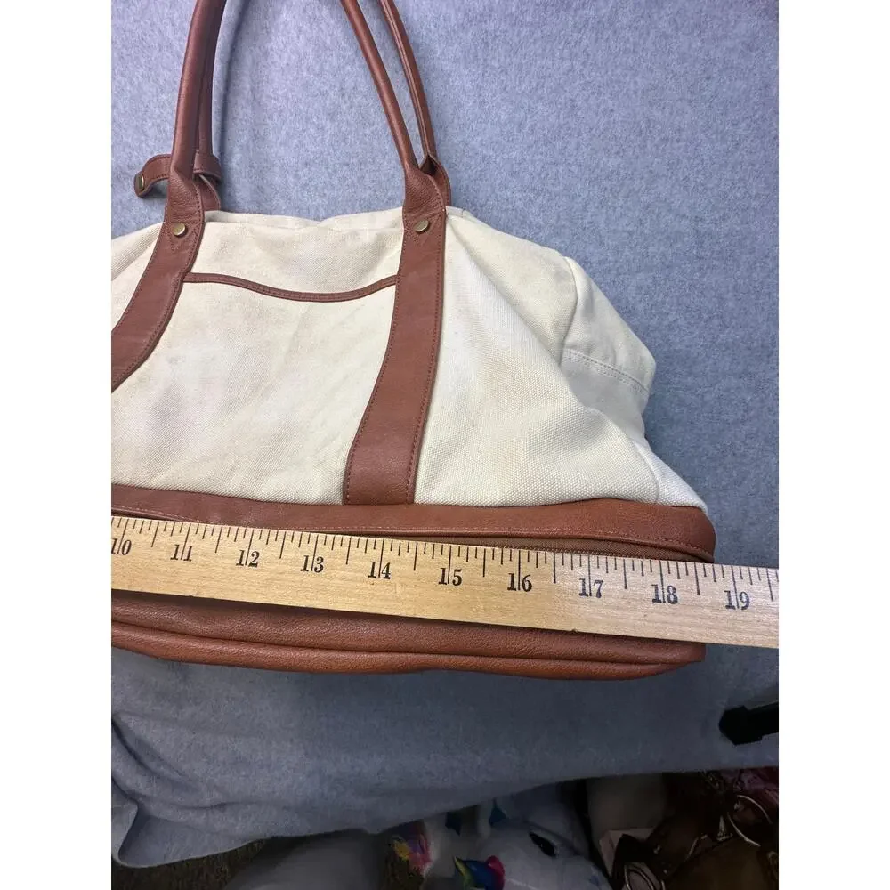 Cream Canvas Weekender Bag Faux Leather Trim Travel